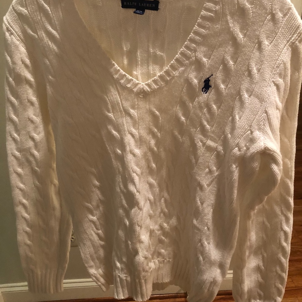 Ralph Lauren White Cotton Cable-knit V-neck Sweater size Medium
